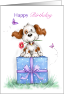 Cute dog with big smile sit on present with red flower, Happy Birthday card