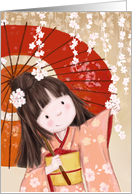 In cherry blossom cute Japanese girl with kimono with red umbrella card