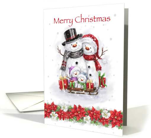 Snowman family with sled and present, Merry Christmas card (1528384)