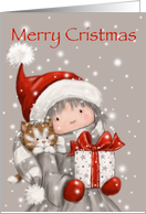 Cute girl with Santa’s hat with cat holding present, Merry Christmas card