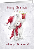 Cute white bear with Santa’s hat, Merry Christmas and Happy New Year card