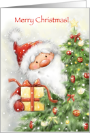 Cute Santa with present popping up from Christmas tree,Merry Christmas card