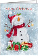 Open armed snowman with big smile and pretty presents, Merry Christmas card