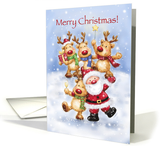 Santa and reindeer are dancing for joy, Merry Christmas card (1530130)