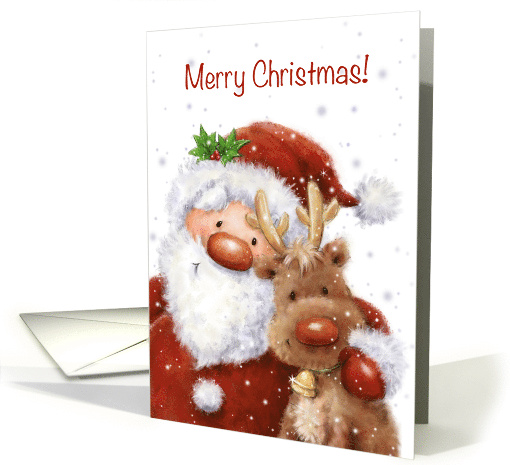 Merry Christmas from smiling Santa and adorable reindeer card