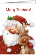 Merry Christmas from smiling Santa and adorable reindeer card