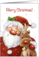 Merry Christmas for best friend, Santa and reindeer cuddling in snow card