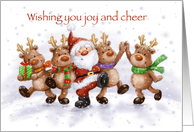 Merry Christmas and New Year with Santa and reindeers happy dancing card