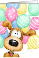 Happy Birthday, Funny Dog with Many Soft Colored Balloons card