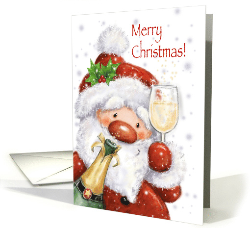 Merry Christmas, Cute Santa with Champagne Bottle and Glass card