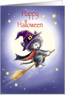 Happy Halloween, cute black cat flying on broom with witch’s hat card