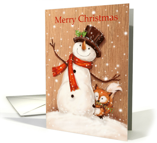 Merry Christmas, cute snowman with hat with small fox behind him card