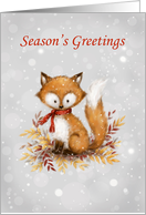 Season’s Greetings, Cute Fox with Red Scarf with Autumn Leaves card