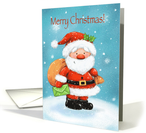 Merry Christmas, Cute Santa holding Sac and Letter in Snow card
