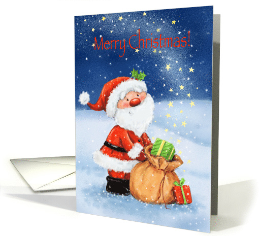 Merry Christmas, Cute Santa with Big Sack with Presents and Stars card