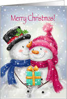 Merry Christmas, Cute Snowman Couple Cuddling with Present card