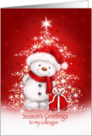 Season’s Greetings to My Colleague, Snowman with Sparkling Tree card