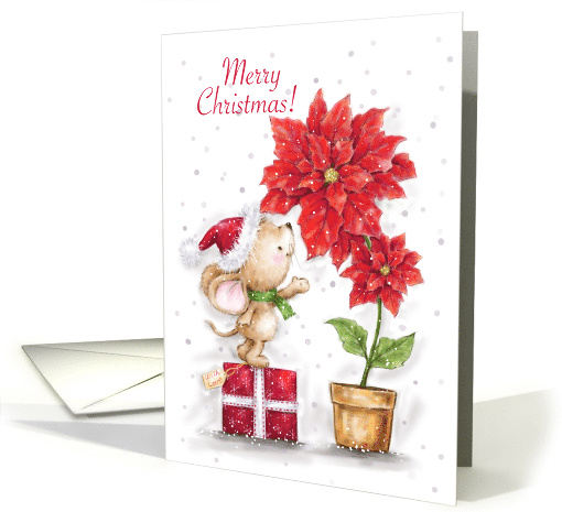 Merry Christmas to Friend, Cute Mouse Greeting to Poinsettia card