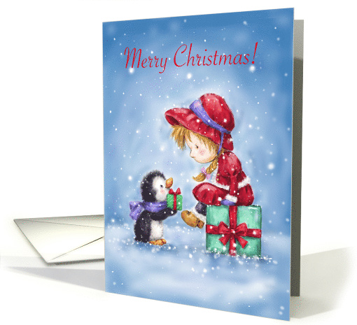 Merry Christmas to friend, Cute penguin offering present to girl card
