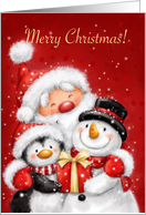 Merry Christmas, Santa, Penguin and Snowman with Big Smile and Present card