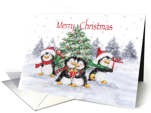 Merry Christmas Happy Penguins Gathering around Christmas Tree card