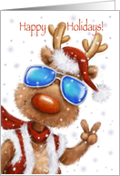 Comical Happy Holidays, Cool Reindeer With Sunglasses Showing V Sign card