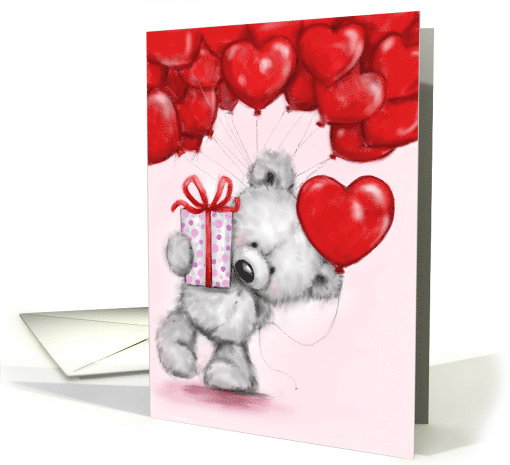 Love You, Cute Bear with Many Heart Shaped Red Balloons card (1553652)