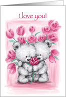 I Love You, Cute Bear Couple with Pink Roses card