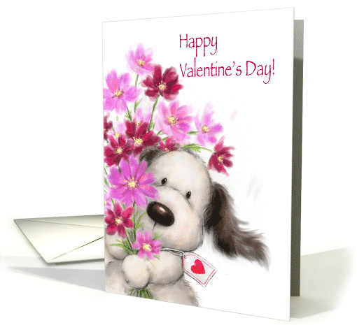 Cute Dog with Bunch of Flowers, Happy Valentine's Day card (1554298)
