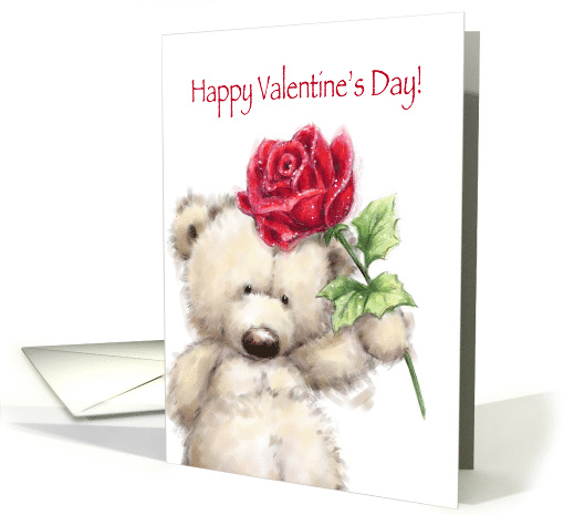 Cute Bear with Big Red Rose, Happy Valentine's Day I Love You card