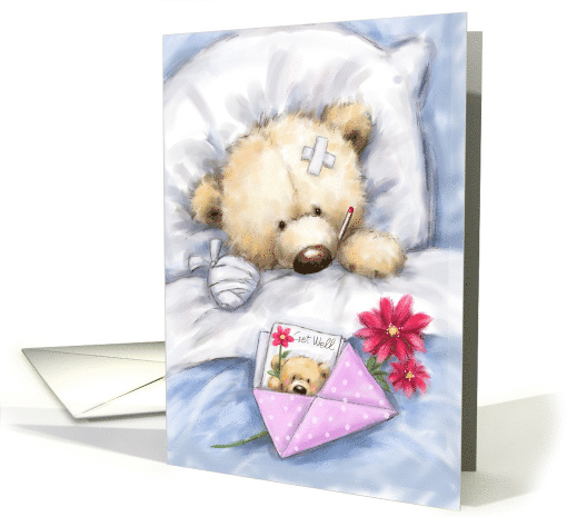 Sick Bear in Bed with Get Well Greeting Card on Bed card (1556414)