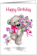 Cute Bear Hopping with Present and Flowers, Happy Birthday mom card