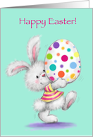 Cute Bunny Holding Up Colorful Painted Egg, Happy Easter card