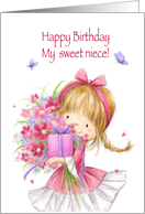 Happy Birthday My Niece, Cute Girl with Present and Flowers card