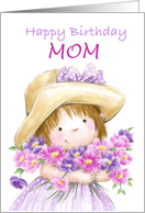 Happy Birthday MOM, Little Girl with Pretty Flowers card