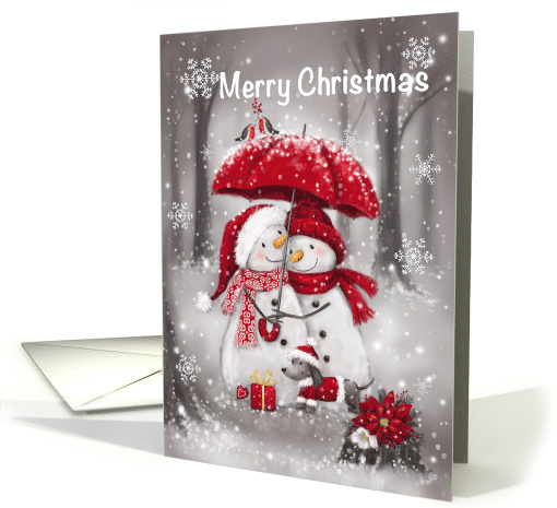 Merry Christmas, Snowman Couple with Umbrella in Wood card (1637338)