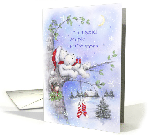 Christmas Wishes, Polar Bear Couple Looking at Moon on Tree card