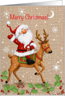 Merry Christmas, Cute Santa Ridding on Reindeer card