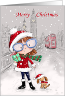 Merry Christmas,Girl with Dog in City card