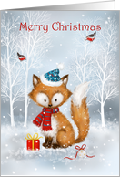 Merry Christmas, Cute Fox with Robins in Wood card