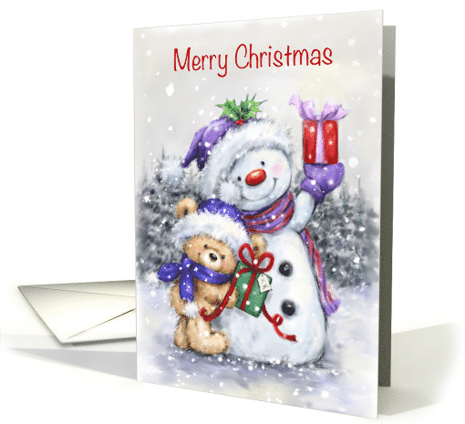 Merry Christmas for Friend Bear and Snowman with Presents in Wood card