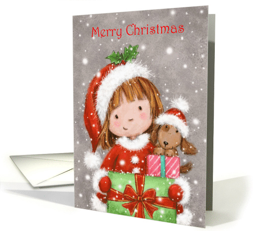 Christmas Cute Girl and Dog Holding a Big present card (1648414)