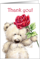 Thank You Cute Bear Holding a Beautiful Rose card