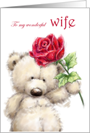 Valentine’s Day to Wife Cute Bear Holding a Beautiful Rose card