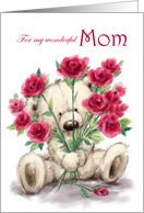 Valentine’s Day for Mom Cute Bear Holding Bunch of Roses card