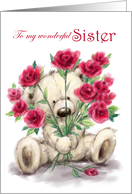 Happy Valentine’s Day for Sister Cute Bear Holding Bunch of Roses card