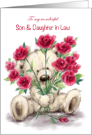 Valentine’s Day for Son & Daughter in Law Bear Holding Bunch of Roses card