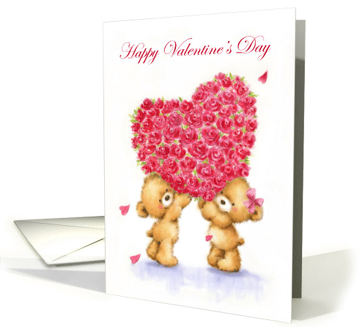Valentine's Day Bear Couple Holding Heart Shaped Red Roses card