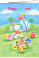 Happy Easter Rabbit and Chicks with Spring Flowers and Eggs card