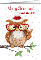 Merry Christmas Son in Law Cool Owl with Eyeglasses Showing V Sign card